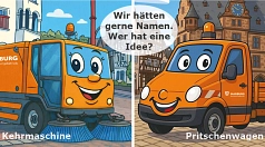Auf dem Bild sind je ein Cartoon von einer kleinen Kehrmaschine für Fuß- und Radwege und einer Pritsche.