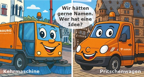 Auf dem Bild sind je ein Cartoon von einer kleinen Kehrmaschine für Fuß- und Radwege und einer Pritsche.&nbsp;&copy;&nbsp;DBM, Sonja Stender