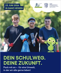 Das Plakat zeigt 3 Jungen mit Handschuhen, Säcken und Greifzangen zum Abfallsammeln.