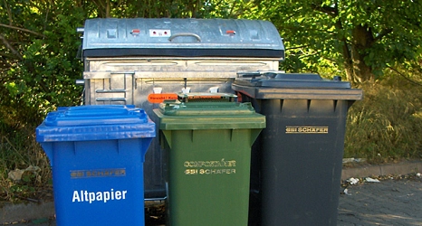 Das Foto zeigt eine Altpapier-, Bio-, und Restabfalltonne mit einem Container im Hintergrund.&nbsp;&copy;&nbsp;DBM, Sonja Stender